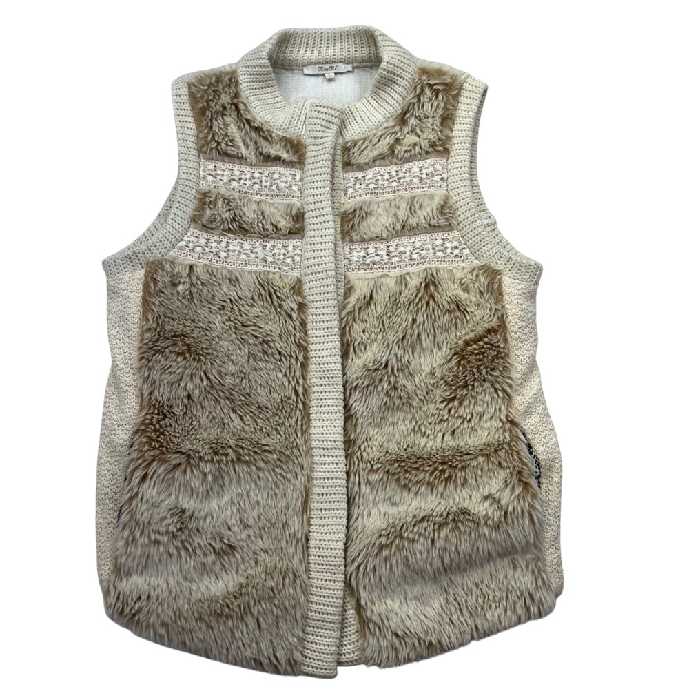 Miss Me Bohemian Faux Fur Embellished Vest Cream L Y2K Style Indie Boho Glam